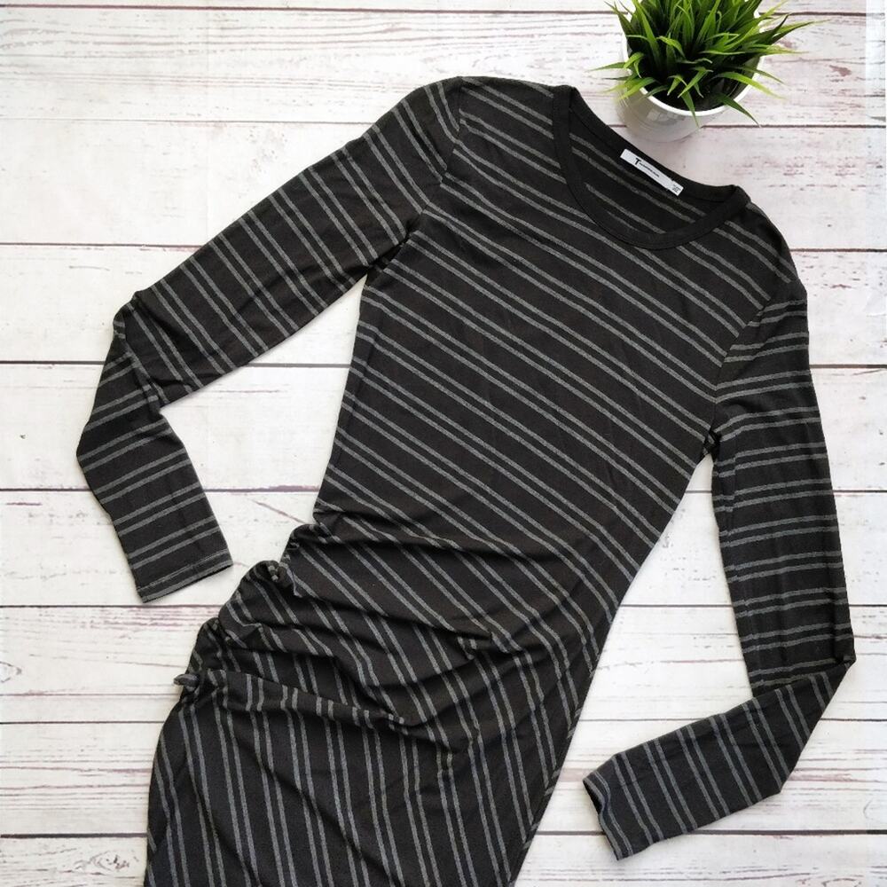 T BY ALEXANDER WANG Asymmetric Striped Jersey Dress Long Sleeve Grey Black Sz M